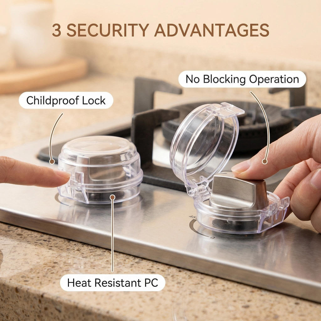 4 PCS Stove Knob Safety Covers – Double-Key Protection for Peace of Mind