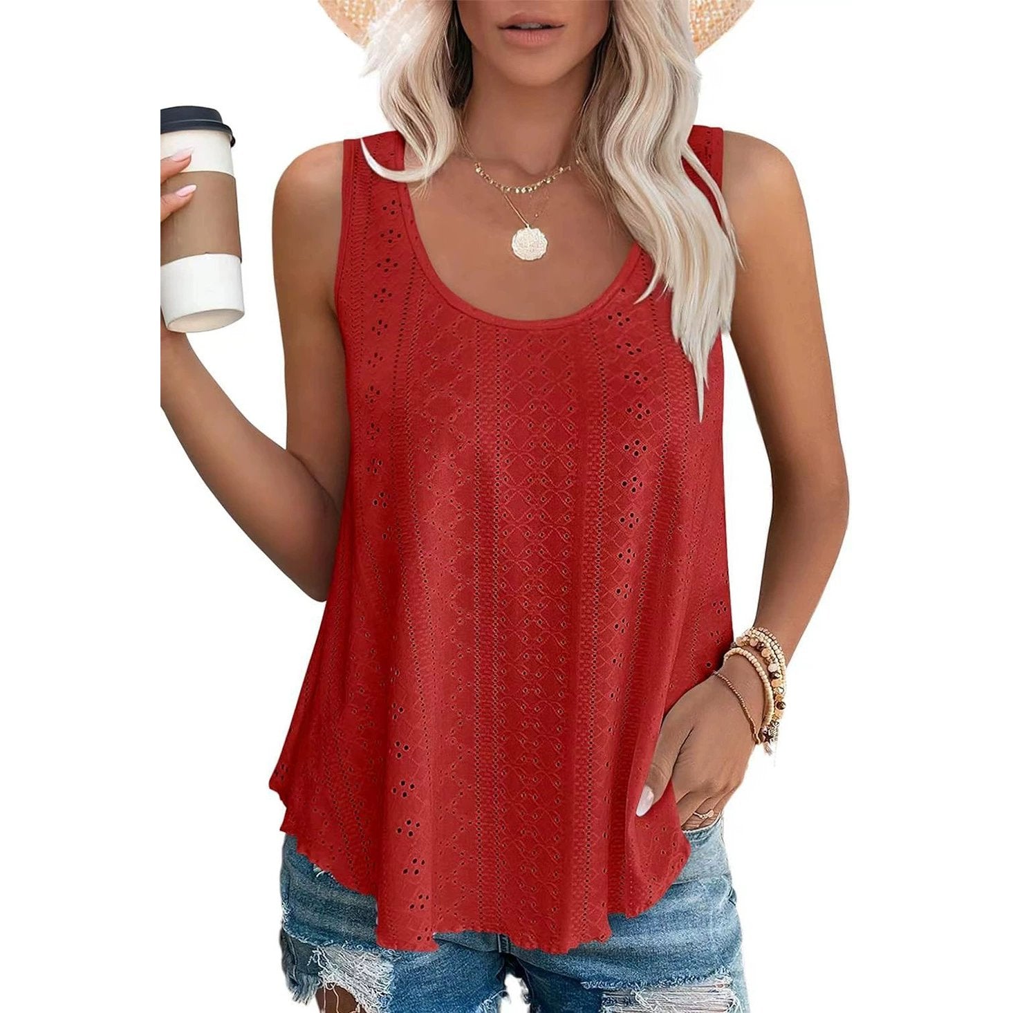 Dame-T-topper Ermeløs Mønster Brodert Scoop Neck Løs passform Avslappet Sommer Flagrende