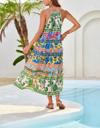 Last Day 50% OFF👗Women's Boho Casual Summer Floral Halter Tiered Beach Dress