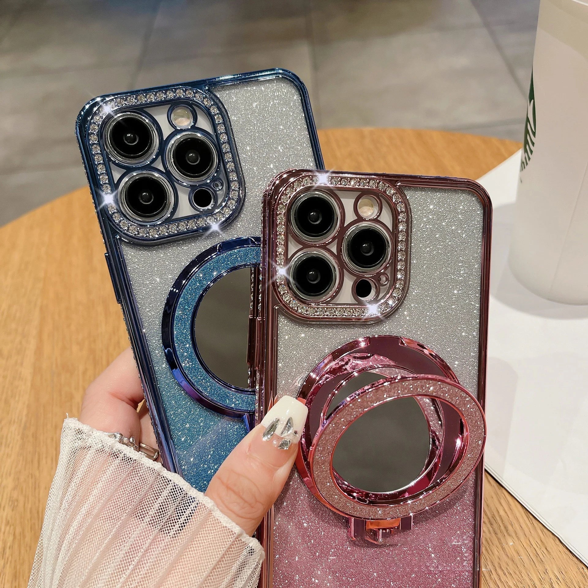 📲✨ Glitter- og gradientsminkespeil med beskyttende deksel