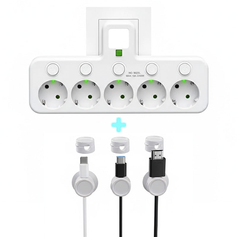EU-pluggkonverteringskontakt med 4 stikkontakter, multiport-veggkontakt med uavhengig bryter og liten nattlysadapter