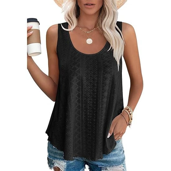 Dame-T-topper Ermeløs Mønster Brodert Scoop Neck Løs passform Avslappet Sommer Flagrende