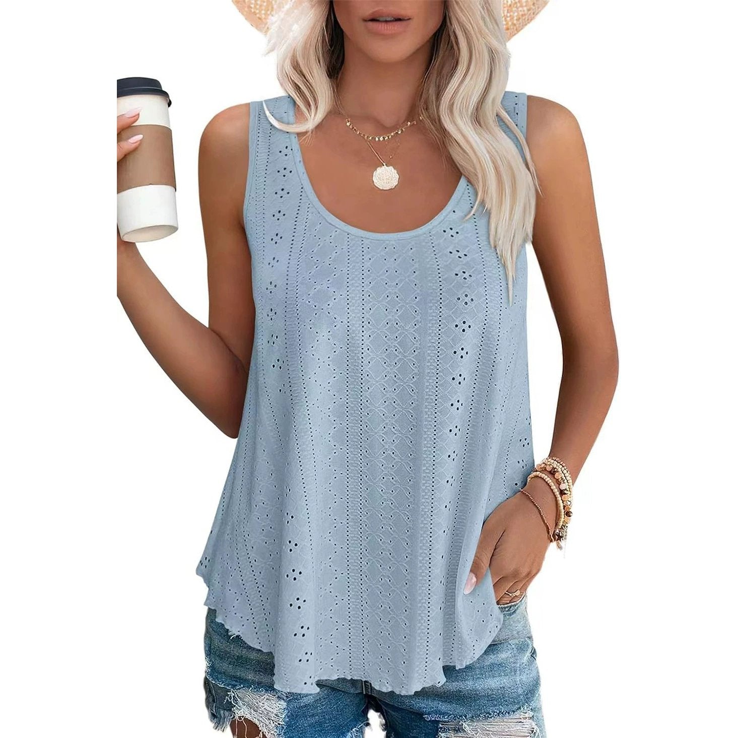 Dame-T-topper Ermeløs Mønster Brodert Scoop Neck Løs passform Avslappet Sommer Flagrende
