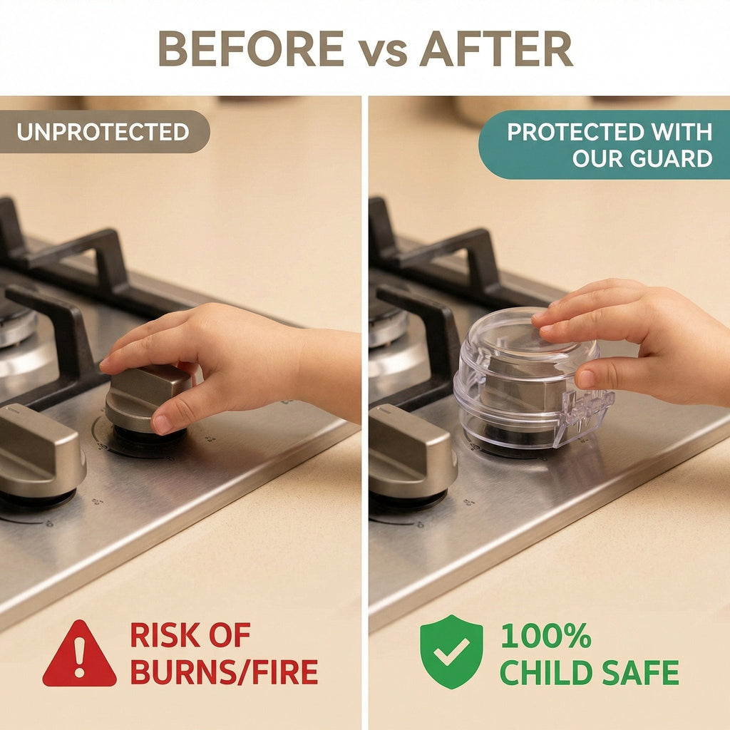 4 PCS Stove Knob Safety Covers – Double-Key Protection for Peace of Mind