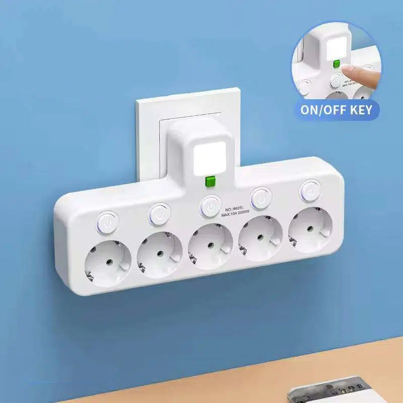 EU-pluggkonverteringskontakt med 4 stikkontakter, multiport-veggkontakt med uavhengig bryter og liten nattlysadapter