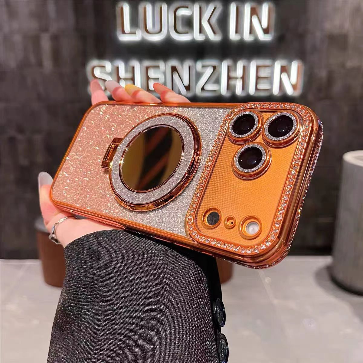 📲✨ Glitter- og gradientsminkespeil med beskyttende deksel