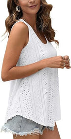 Dame-T-topper Ermeløs Mønster Brodert Scoop Neck Løs passform Avslappet Sommer Flagrende