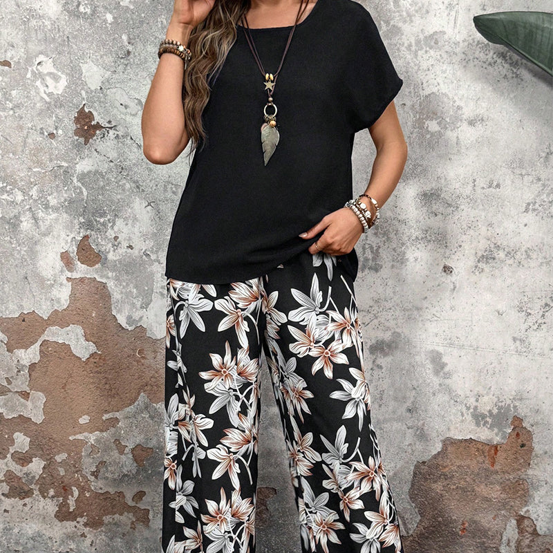 🏆HEIT SALG 49 % RABATT🔥Avslappet sett med vide ben og korte ermer med blomsterprint til dame
