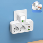 EU-pluggkonverteringskontakt med 4 stikkontakter, multiport-veggkontakt med uavhengig bryter og liten nattlysadapter