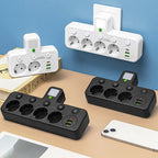 EU-pluggkonverteringskontakt med 4 stikkontakter, multiport-veggkontakt med uavhengig bryter og liten nattlysadapter