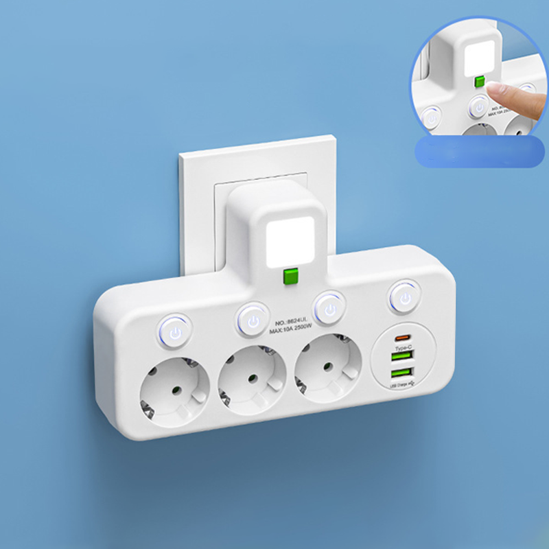 EU-pluggkonverteringskontakt med 4 stikkontakter, multiport-veggkontakt med uavhengig bryter og liten nattlysadapter