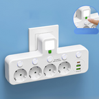 EU-pluggkonverteringskontakt med 4 stikkontakter, multiport-veggkontakt med uavhengig bryter og liten nattlysadapter