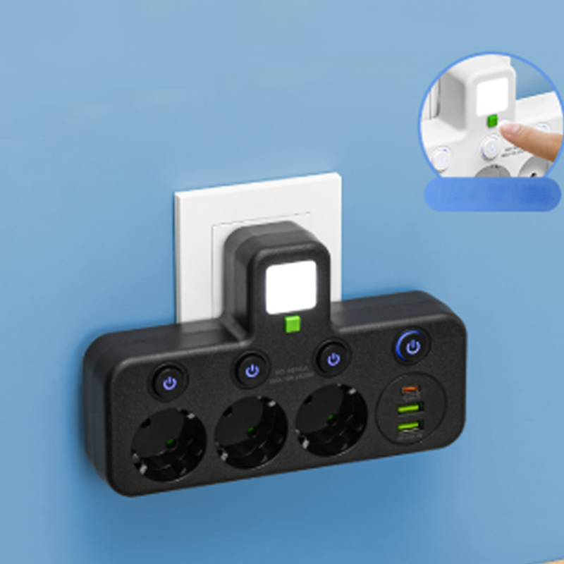 EU-pluggkonverteringskontakt med 4 stikkontakter, multiport-veggkontakt med uavhengig bryter og liten nattlysadapter